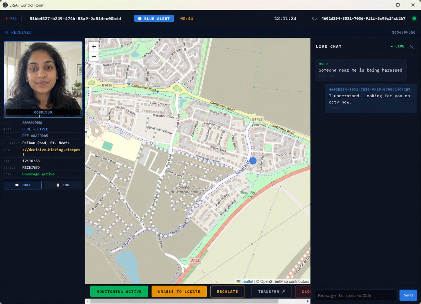 E-SAF Control Room with active Blue Alert: live map, user video, operator chat