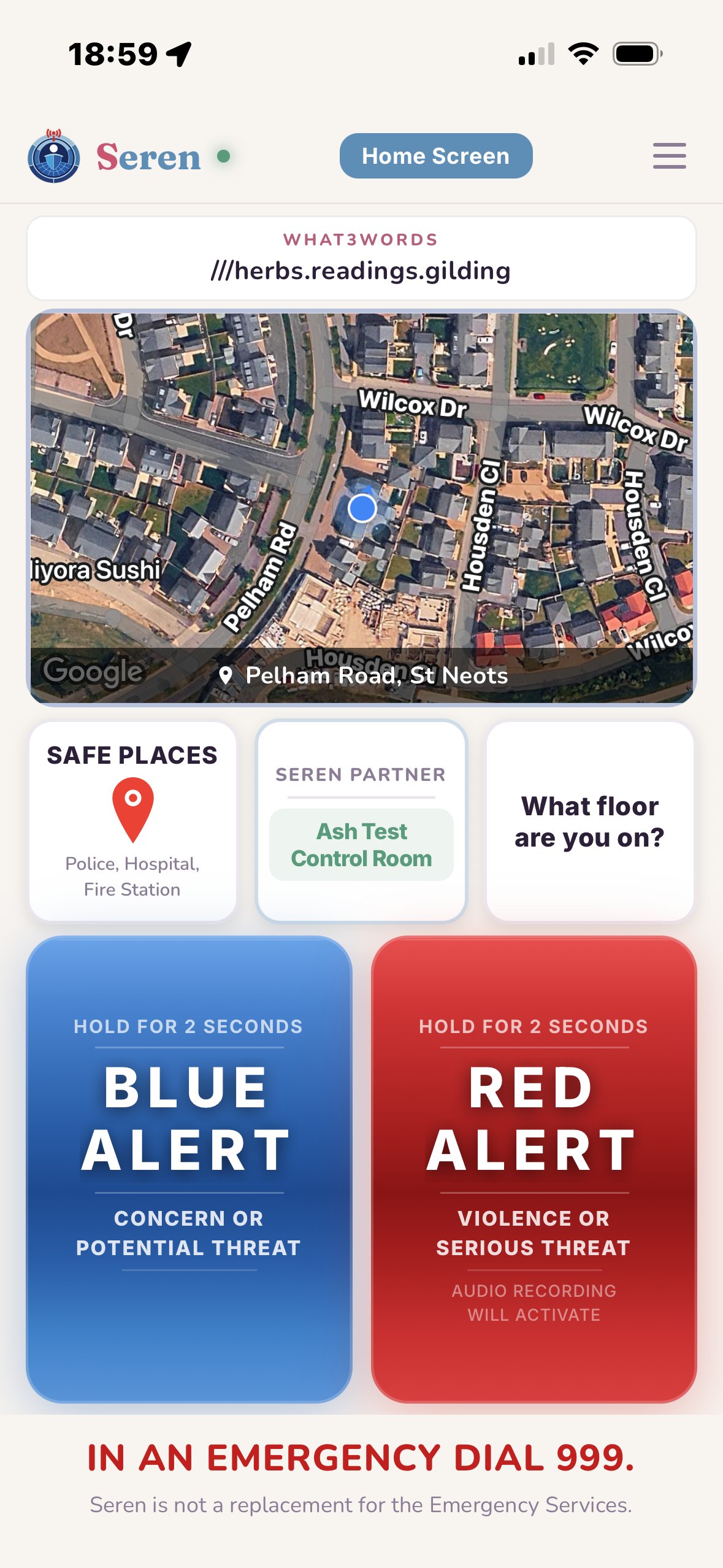 Seren home screen showing map, Blue Alert and Red Alert buttons