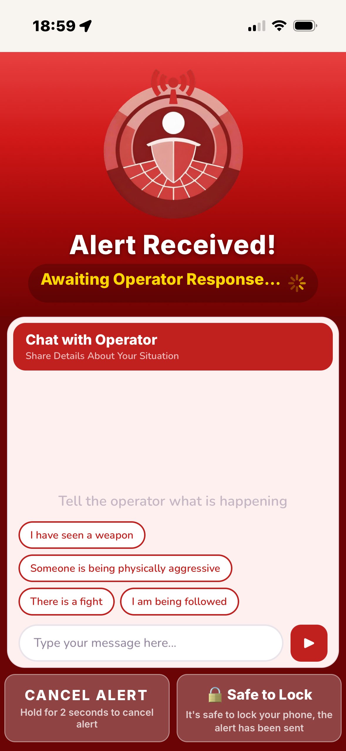 Seren Red Alert in progress with chat to operator